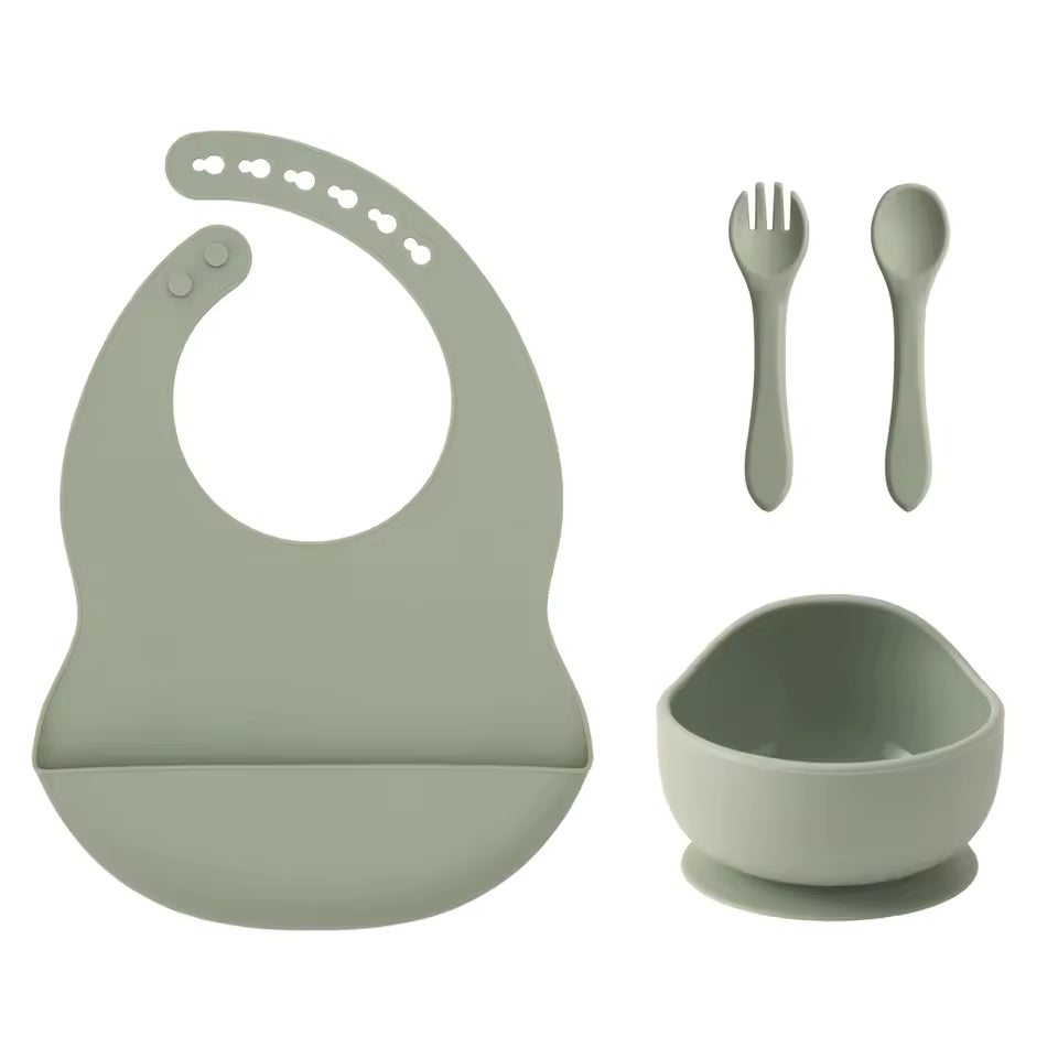 Color Kids 4-Piece Silicone Baby Feeding Set - Complete Training Kit with Spoon, Bib & Suction Bowl | BPA-Free Toddler Tableware