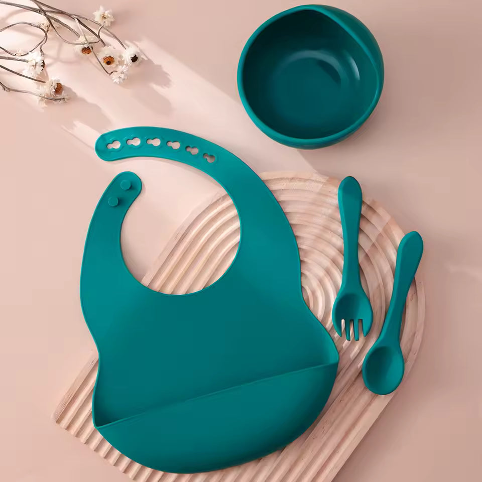 Color Kids 4-Piece Silicone Baby Feeding Set - Complete Training Kit with Spoon, Bib & Suction Bowl | BPA-Free Toddler Tableware