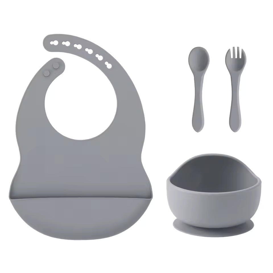 Color Kids 4-Piece Silicone Baby Feeding Set - Complete Training Kit with Spoon, Bib & Suction Bowl | BPA-Free Toddler Tableware