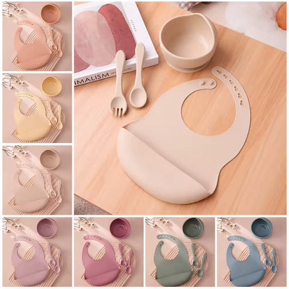 Color Kids 4-Piece Silicone Baby Feeding Set - Complete Training Kit with Spoon, Bib & Suction Bowl | BPA-Free Toddler Tableware